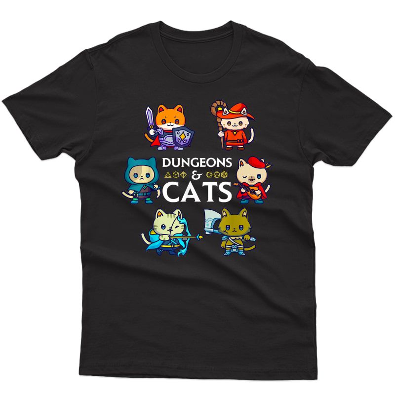 Dungeons And Cats Rpg D20 Dice Nerdy Fantasy Gamer Cat Gift T-shirt