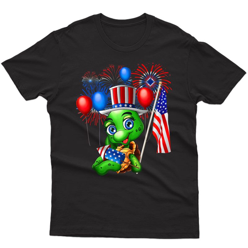 Girls 4th Of July Summer Out American Flag Turtle T-shirt