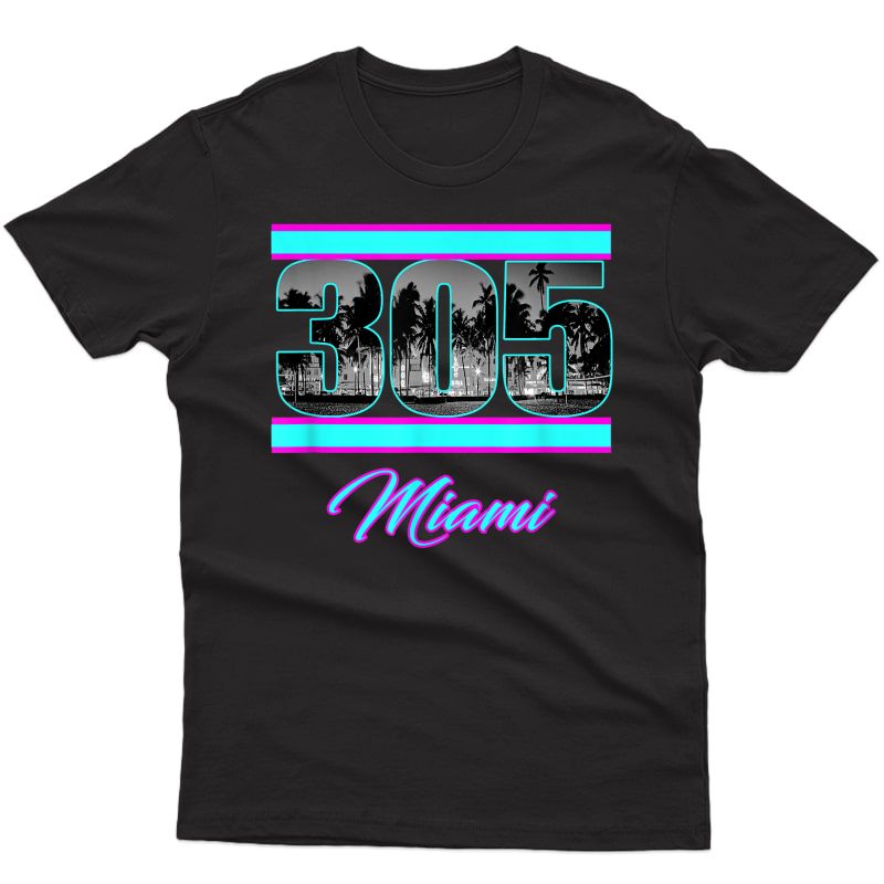 Miami Retro 305 South Beach View 80s Pink & Blue T-shirt