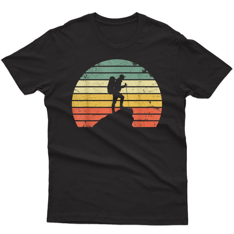 Vintage Hiking T Shirt Hiker On Rock Retro Sunset Silhouette